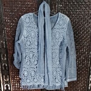 Kaktus Dusty Blue Med Guipure Crochet Lace Top Scarf Pull Up Sleeve Medallion